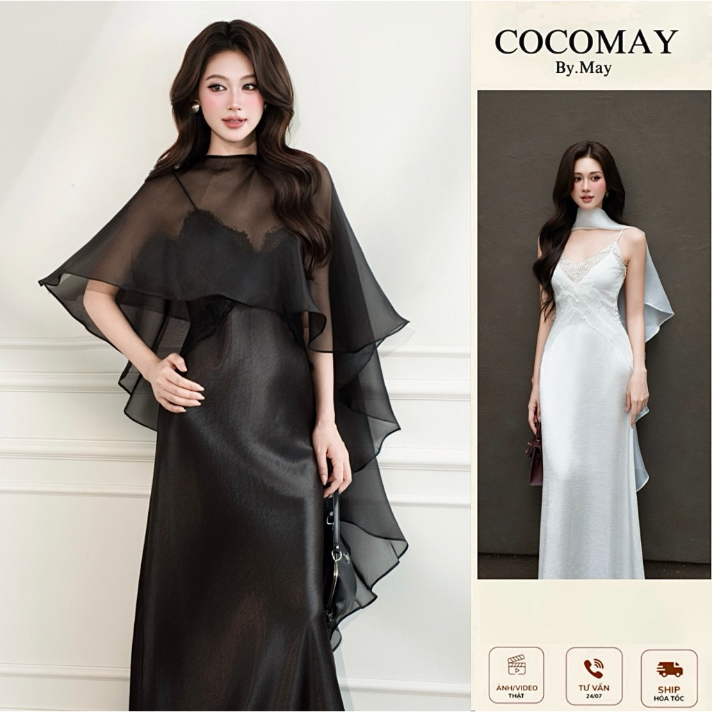 COCOMAY ELA - Set áo choàng + Đầm lụa 2 dây viền ren thanh lịch dịu ...