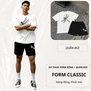 Bộ Áo Thun Nam CHEPOL Form Rộng, Cổ Tròn, Phối Quần Đùi, In Họa Tiết, Chất Cotton (ÁO THUN TRẮNG+ QUẦN ĐÙI ĐEN)-CP_10372