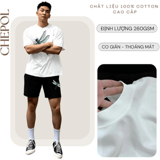 Bộ Áo Thun Nam CHEPOL Form Rộng, Cổ Tròn, Phối Quần Đùi, In Họa Tiết, Chất Cotton (ÁO THUN TRẮNG+ QUẦN ĐÙI ĐEN)-CP_10372