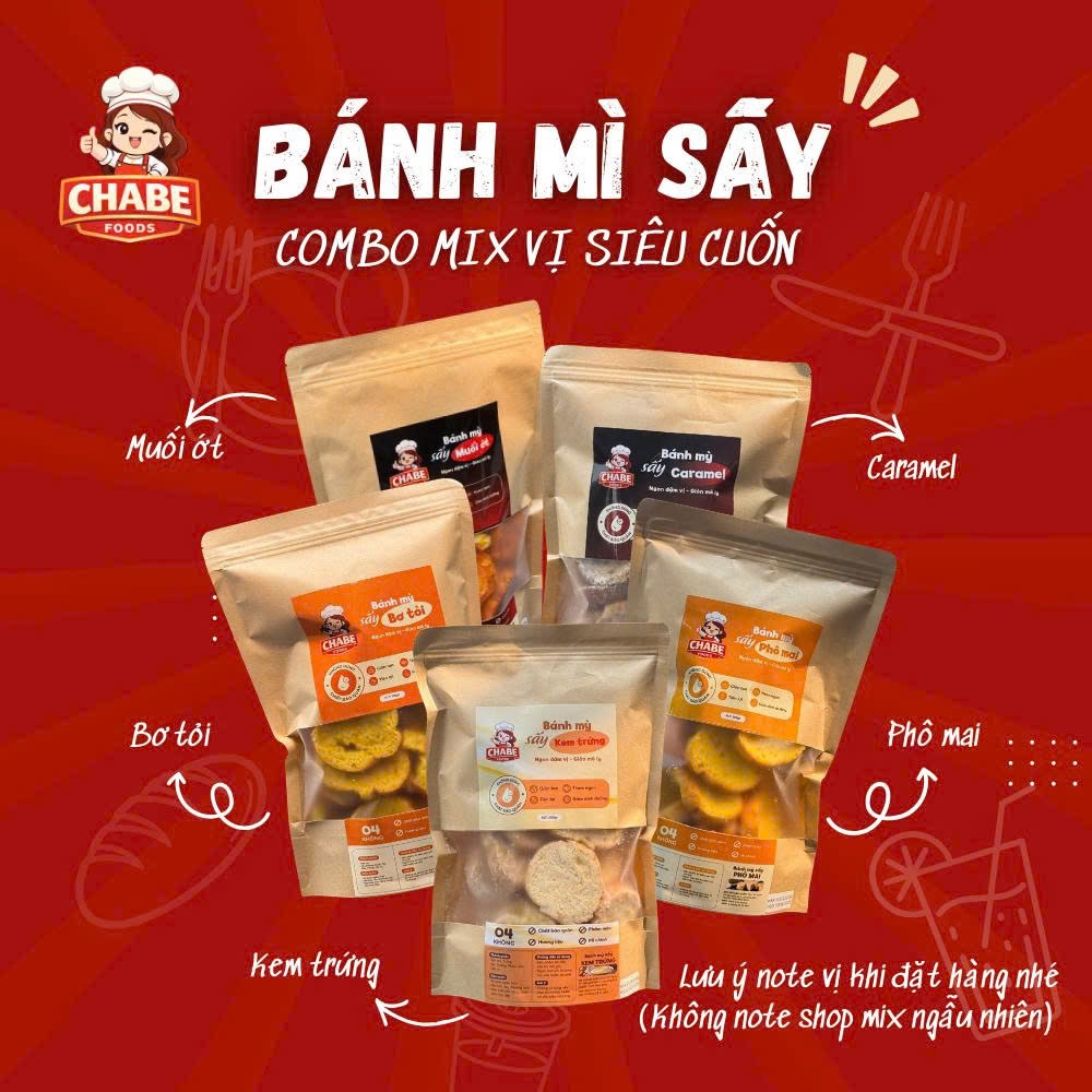 Combo Bánh Mỳ Sấy CHABE FOODS Mix Vị Siêu Ngon, Giòn Rụm, Ăn Vặt, Trà Chiều