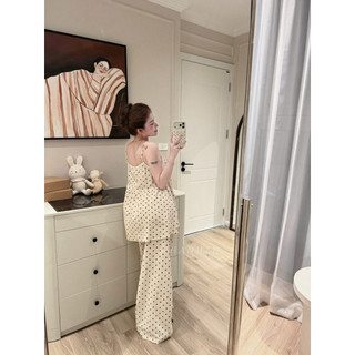 Set Bộ Nữ 2s Cổ V Mix Quần Suông Dài Chấm Bi KhanhLe