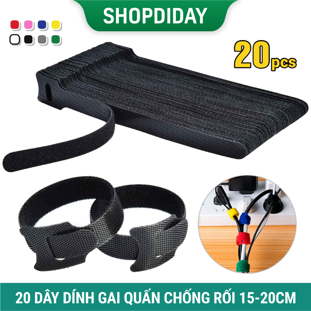 Bộ 20 Dây Quấn Dây Sạc Chống Rối, Dây Dán Gai Velcro Buộc Gọn Dây Điện Dài 20cm/15cm Nhiều Màu D02B