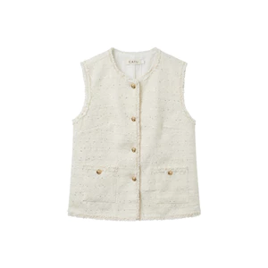 TUBYCATU Áo Gile Tweed Nút Vàng Viền Tua Rua White Tweed Top
