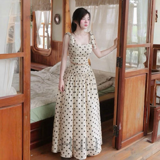 SET ÁO HAI DÂY CHẤM BI CROPTOP MIX CHÂN VÁY DÁNG MAXI , BỘ ĐỒ NỮ CHÂN VÁY