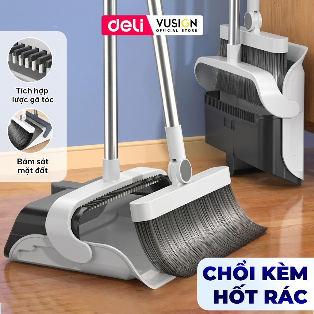 Bộ chổi quét nhà kèm xẻng hót rác gấp gọn Deli đa năng thông minh, màu trắng chất liệu nhựa cao cấp và thép không gỉ