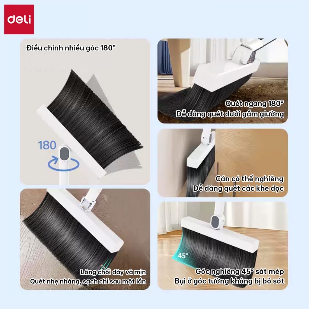 Bộ chổi quét nhà kèm xẻng hót rác gấp gọn Deli đa năng thông minh, màu trắng chất liệu nhựa cao cấp và thép không gỉ
