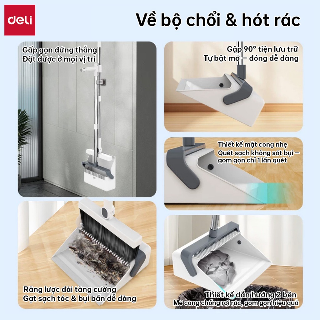 Bộ chổi quét nhà kèm xẻng hót rác gấp gọn Deli đa năng thông minh, màu trắng chất liệu nhựa cao cấp và thép không gỉ