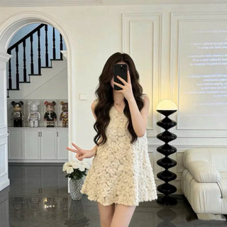 ĐẦM VÁY NỮ DÁNG NGẮN BABYDOLL CỔ V NHIỀU HOA BE KEM THIẾT KẾ TỰ MAY