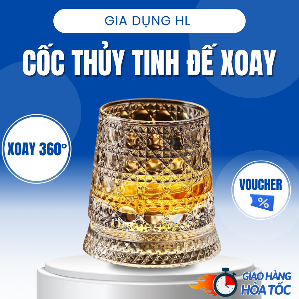 Cốc Thủy Tinh Họa Tiết Kim Cương Đế Xoay 360°, Ly Cao Cấp Chống Trượt, Decor Sang Trọng