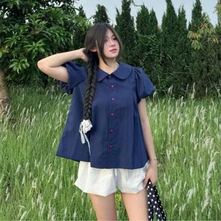 Áo babydoll dáng sơ mi kiểu cổ bèo sen tay phồng form rộng siêu xinh xanh đen VANISA SM933