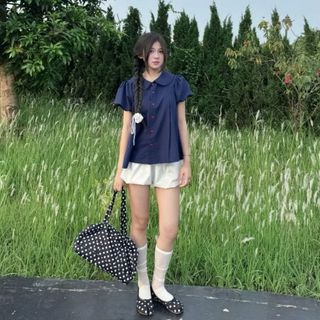 Áo sơ mi tay bồng nữ cổ bèo sen dáng babydoll form rộng xanh đen siêu xinh VANISA SM933