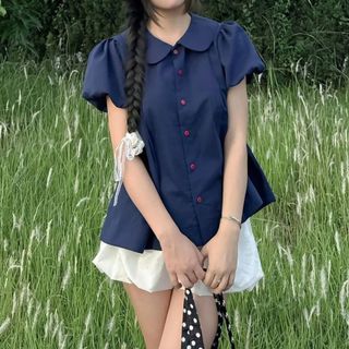Áo babydoll dáng sơ mi kiểu cổ bèo sen tay phồng form rộng siêu xinh xanh đen VANISA SM933