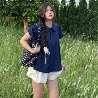 Áo babydoll dáng sơ mi kiểu cổ bèo sen tay phồng form rộng siêu xinh xanh đen VANISA SM933