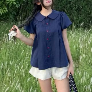 Áo babydoll kiểu cổ bèo sen tay phồng dáng sơ mi form rộng siêu xinh đen xanh VANISA SM933