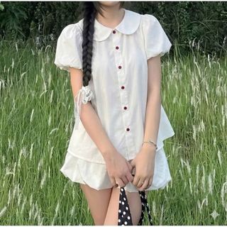 Áo babydoll dáng sơ mi kiểu cổ bèo sen tay phồng form rộng siêu xinh xanh đen VANISA SM933