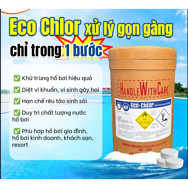 [HỘP 1KG] Eco Chlor Loại Mới 3 In 1 TCCA Clo viên 200g - Chlorine 84% Clo bể bơi,diệt rêu tảo,trợ lắng,làm trong nước