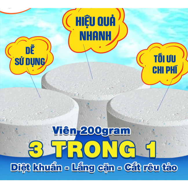 [HỘP 1KG] Eco Chlor Loại Mới 3 In 1 TCCA Clo viên 200g - Chlorine 84% Clo bể bơi,diệt rêu tảo,trợ lắng,làm trong nước