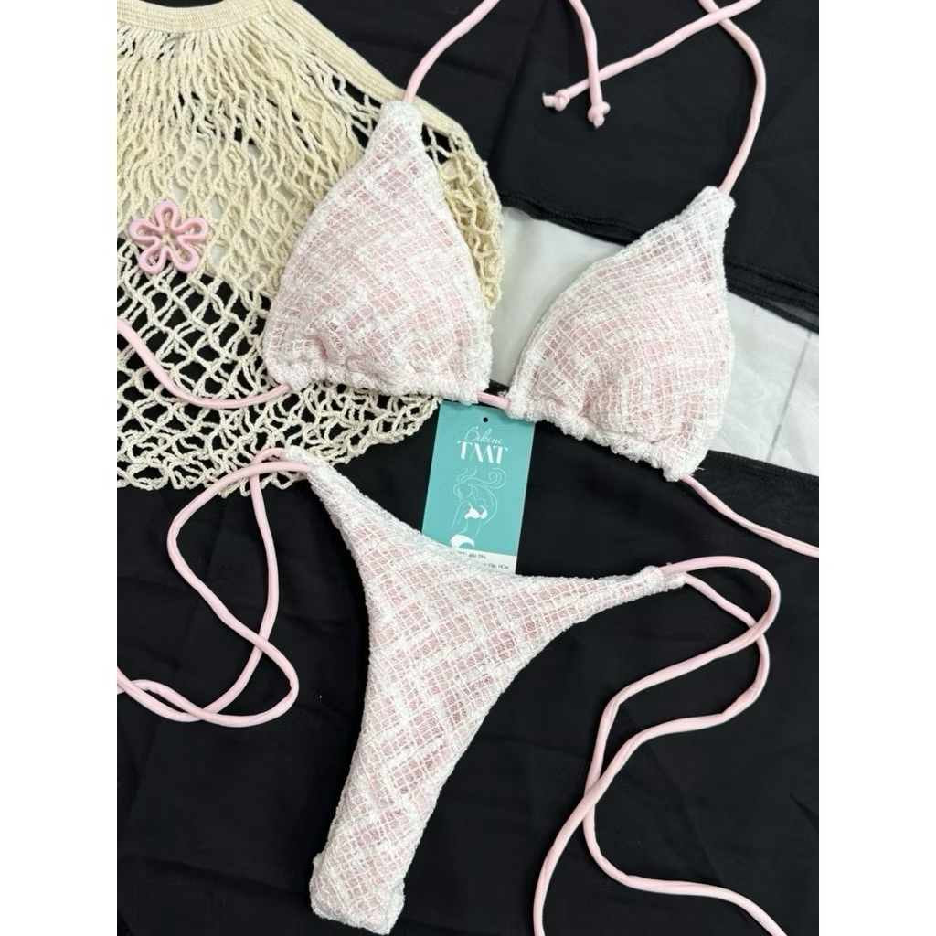 Bikini DTD 2 mảnh ren trắng phối hồng áo tam giâc ôm ngực quần lọt nhỏ siêu xinh(sẳn hàng- hoả tốc)