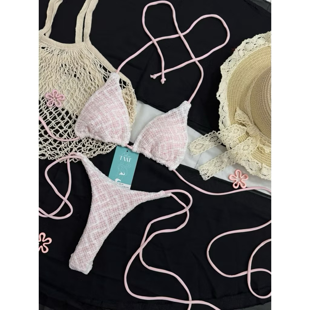 Bikini DTD 2 mảnh ren trắng phối hồng áo tam giâc ôm ngực quần lọt nhỏ siêu xinh(sẳn hàng- hoả tốc)