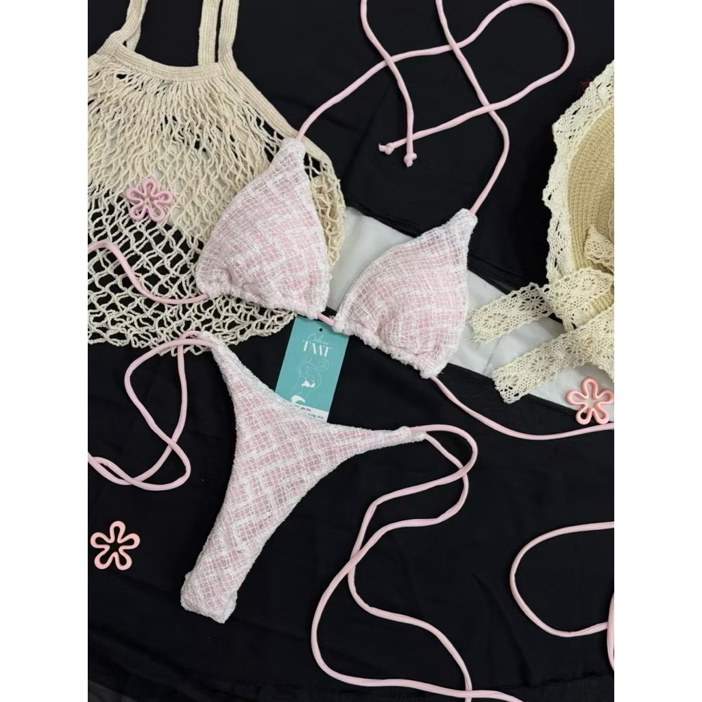 Bikini DTD 2 mảnh ren trắng phối hồng áo tam giâc ôm ngực quần lọt nhỏ siêu xinh(sẳn hàng- hoả tốc)
