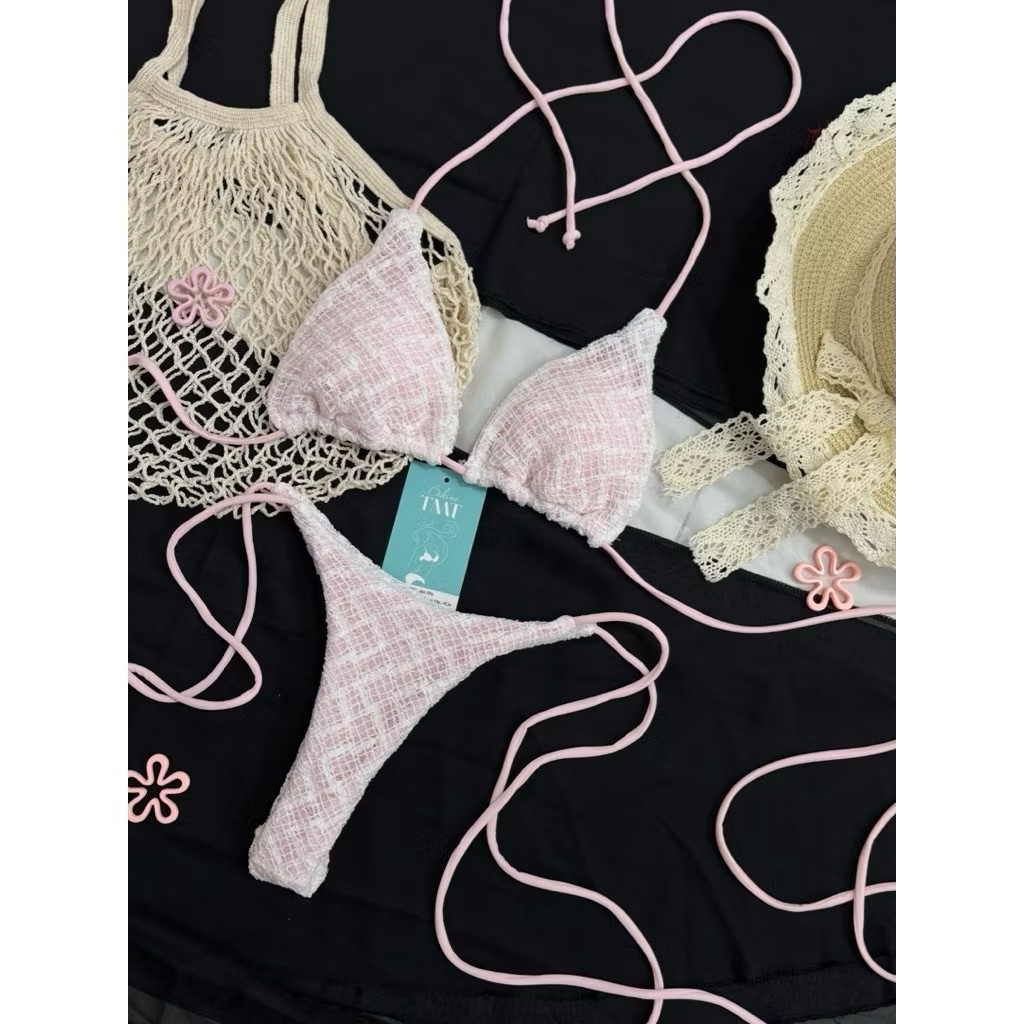 Bikini DTD 2 mảnh ren trắng phối hồng áo tam giâc ôm ngực quần lọt nhỏ siêu xinh(sẳn hàng- hoả tốc)