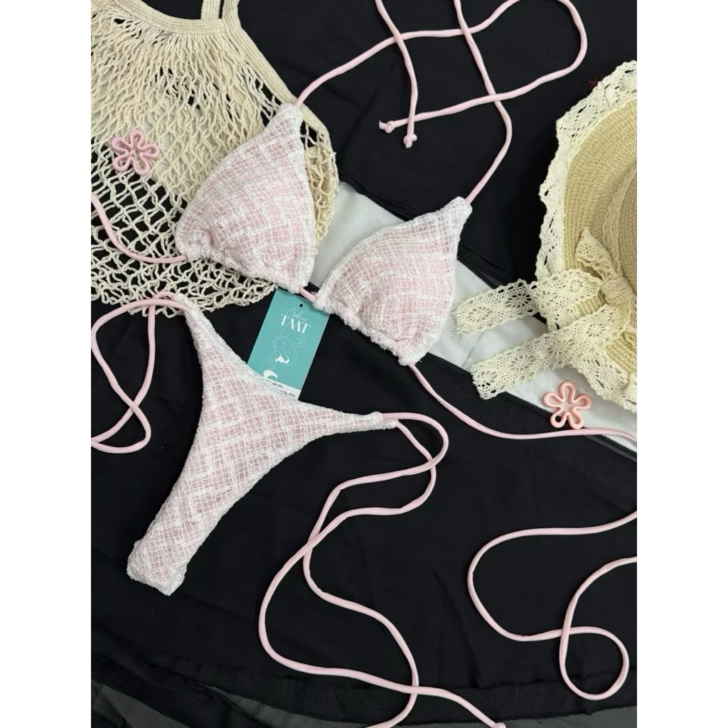 Bikini DTD 2 mảnh ren trắng phối hồng áo tam giâc ôm ngực quần lọt nhỏ siêu xinh(sẳn hàng- hoả tốc)