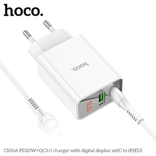 Bộ sạc Hoco C100A kèm cáp TypeC to LaiNing PD 20W và USB QC 3.0 18W, LCD hiển thị điện áp (Trắng)