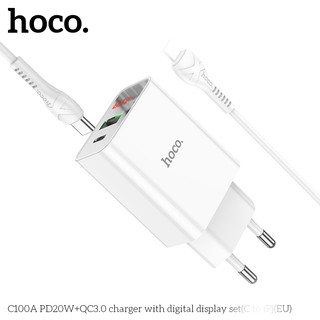 Bộ sạc Hoco C100A kèm cáp TypeC to LaiNing PD 20W và USB QC 3.0 18W, LCD hiển thị điện áp (Trắng)