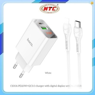 Bộ sạc Hoco C100A kèm cáp TypeC to LaiNing PD 20W và USB QC 3.0 18W, LCD hiển thị điện áp (Trắng)
