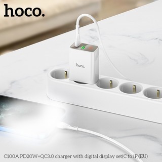 Bộ sạc Hoco C100A kèm cáp TypeC to LaiNing PD 20W và USB QC 3.0 18W, LCD hiển thị điện áp (Trắng)