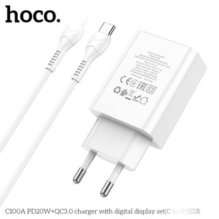 Bộ sạc Hoco C100A kèm cáp TypeC to LaiNing PD 20W và USB QC 3.0 18W, LCD hiển thị điện áp (Trắng)