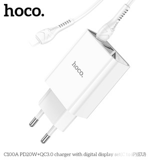 Bộ sạc Hoco C100A kèm cáp TypeC to LaiNing PD 20W và USB QC 3.0 18W, LCD hiển thị điện áp (Trắng)
