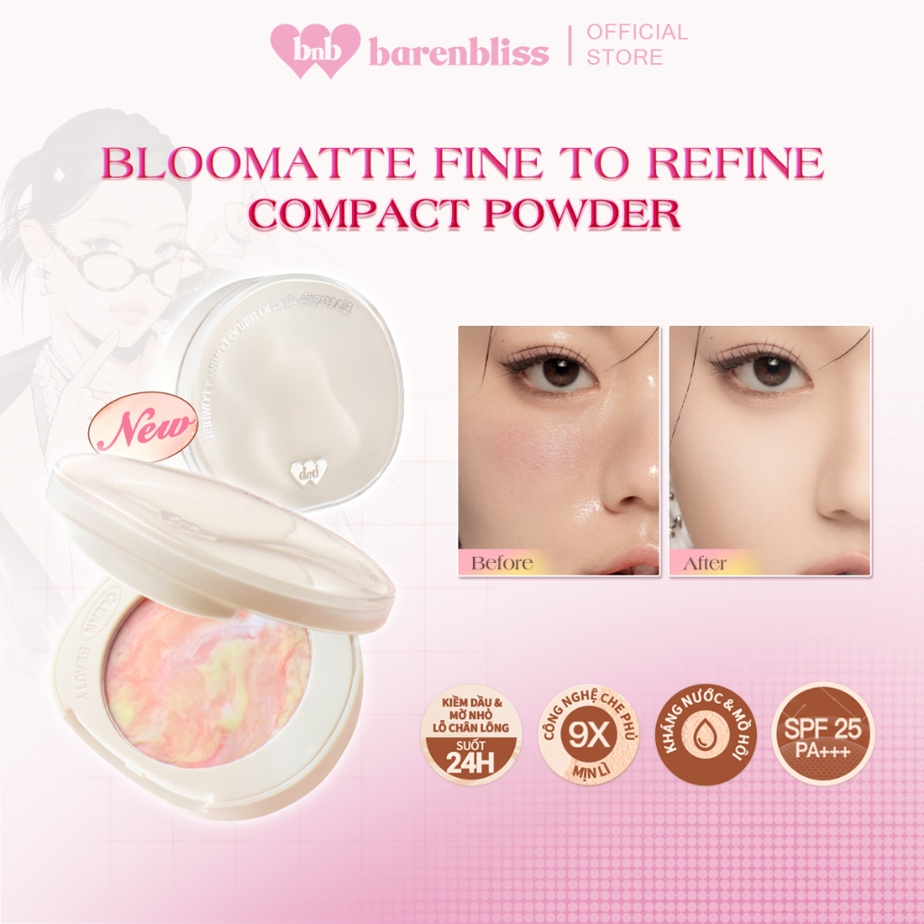 Phấn phủ dạng nén Barenbliss Bloomatte Fine to Refine Compact mịn lì kiềm dầu kháng nước 6g