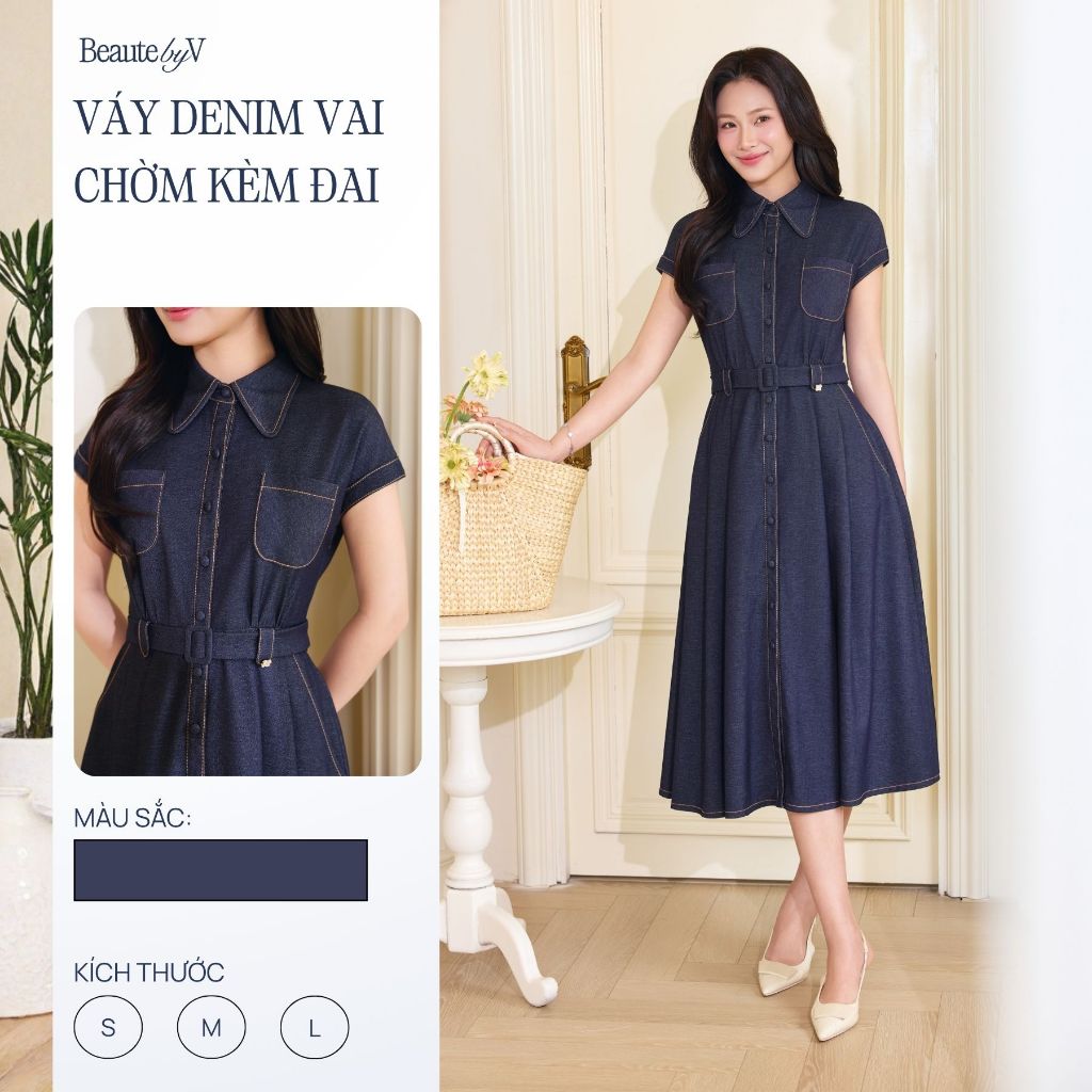 Váy Nữ Demin Ngắn Tay Dáng Dài Thắt Eo Tôn Dáng Phối Cúc Form Xoè Chất Bò Demia BEAUTEBYV