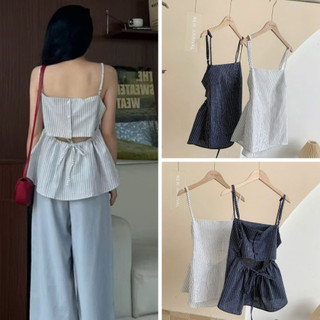 Áo Hai Dây Nữ Kẻ Sọc Dọc Dáng Peplum Che Bụng - Áo 2 Dây Hở Lưng Buộc Nơ Đi Biển Đi Chơi Sang Chảnh