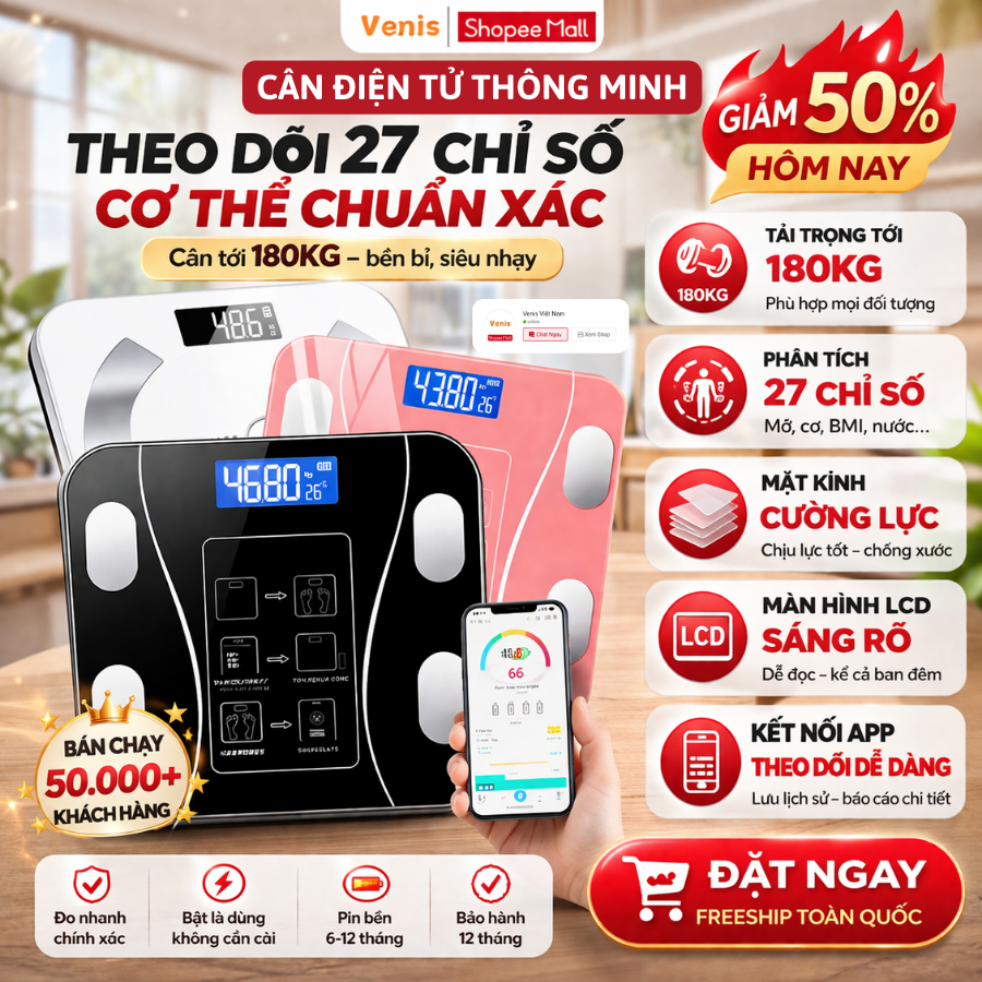 Cân Điện Tử Sức Khỏe Thông Minh Bluetooth Phân Tích Chỉ Số Cơ Thể – Sạc USB, Tải Trọng 180kg