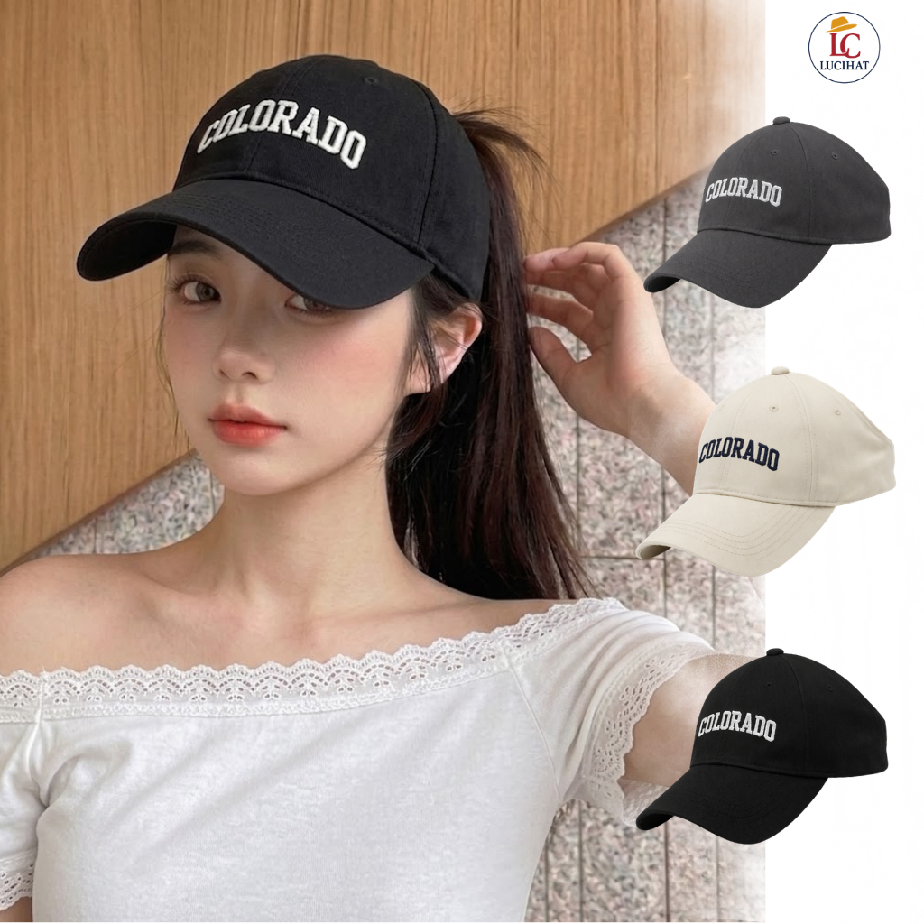 Mũ lưỡi trai hở đầu LUCIHAT thêu chữ Colorado chất vải kaki mềm mịn, nón kết hở chóp nữ size to phù hợp cho mùa hè