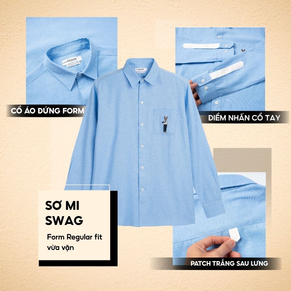 ÁO sơ mi SWAG tay dài form chuẩn, điểm nhấn patch trắng sau lưng, thêu nhân vật tinh tế, vải Oxford chuẩn hè - FEAER