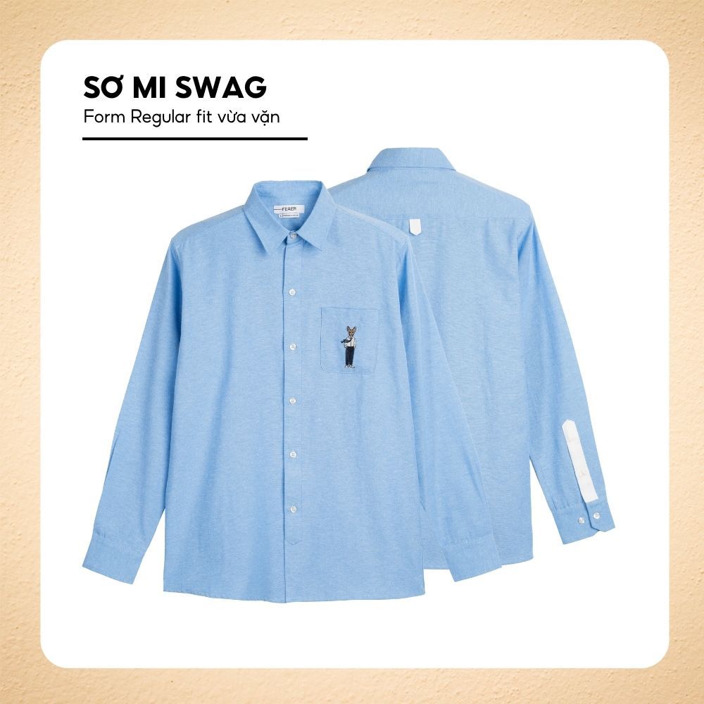ÁO sơ mi SWAG tay dài form chuẩn, điểm nhấn patch trắng sau lưng, thêu nhân vật tinh tế, vải Oxford chuẩn hè - FEAER