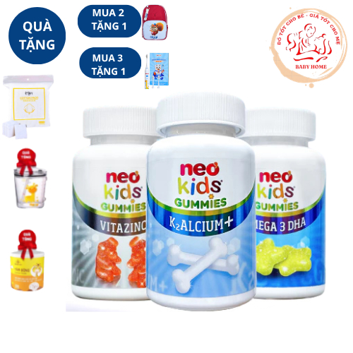 BỘ 3 GUMMIES NEOKIDS - Caxi, DHA, Kẽm hộp 60 viên nhai+ quà tặng