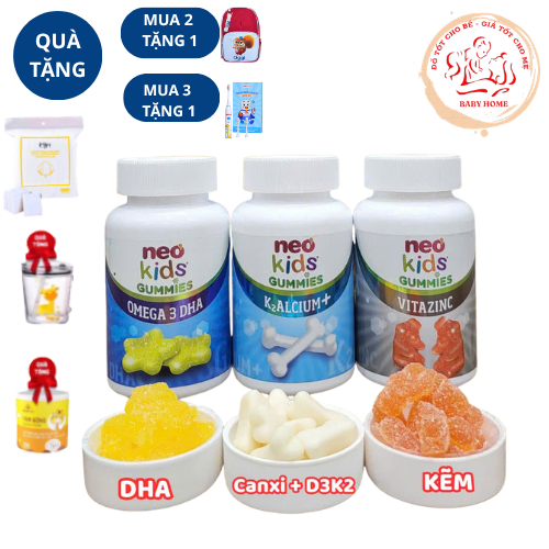 BỘ 3 GUMMIES NEOKIDS - CANXI, DHA, KẼM hộp 60 viên nhai+ quà