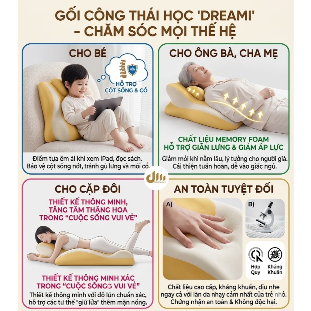 GỐI CÔNG THÁI HỌC DREAMI CHO BÉ - CHỐNG GÙ, BẢO VỆ MẮT, GIỮ KHOẢNG CÁCH AN TOÀN CHO MẮT.