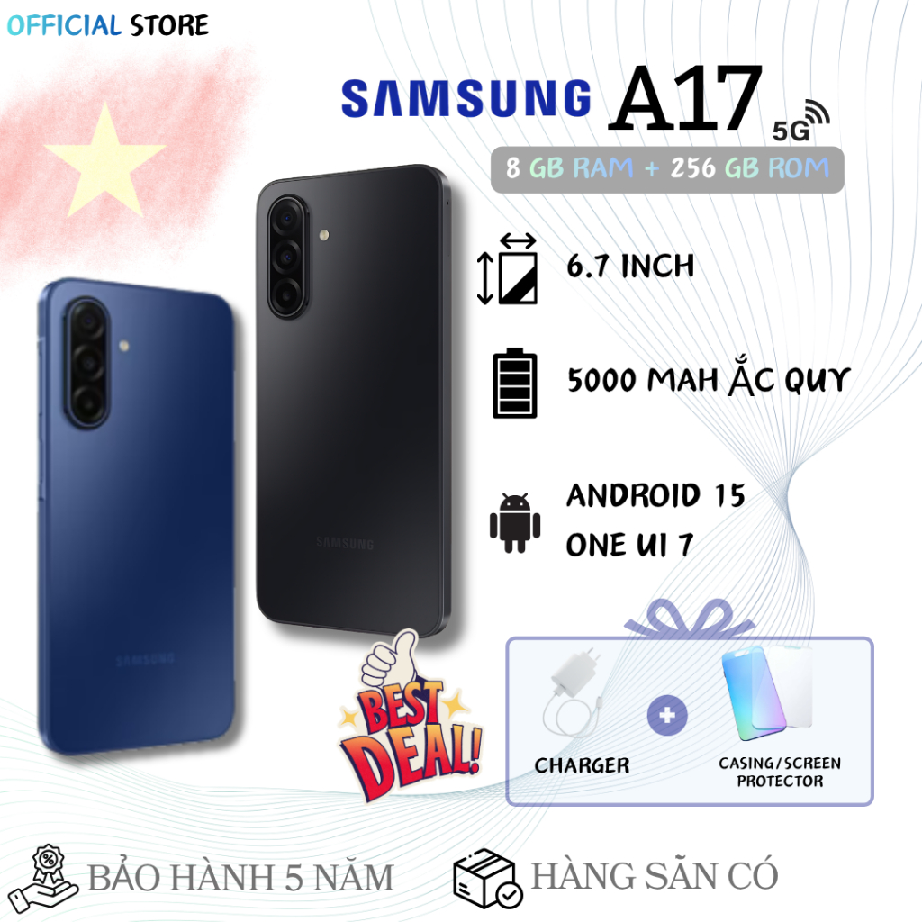 Điện thoại Samsung A17 5G (RAM 8GB + ROM 256GB) màn hình 6.7" FHD+ | Camera chính 50MP | Pin 5000mAh | Hàng chính hãng S