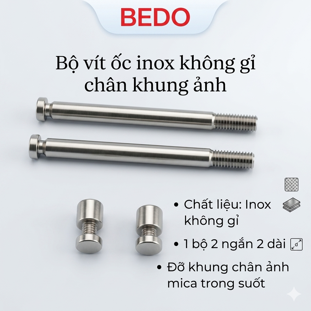 Combo 8 chân khung ảnh mica inox BEDO - Ốc vít để bàn A3 A4 A5, trụ đỡ khung ảnh chắc chắn bền đẹp