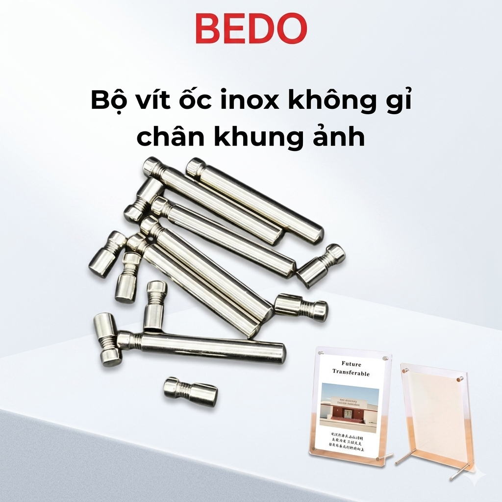 Combo 8 chân khung ảnh mica inox BEDO - Ốc vít để bàn A3 A4 A5, trụ đỡ khung ảnh chắc chắn bền đẹp