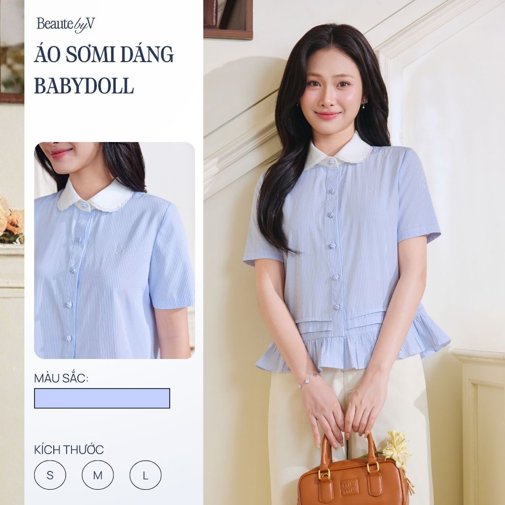 Áo Sơ Mi Nữ Ngắn Tay Cổ Sen Phối Nhún Dáng Xoè Kẻ Sọc Màu Xanh Sany Blouse BEAUTEBYV