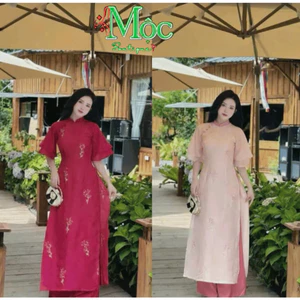 QC_ Set áo dài, set cách tân du xuân mặc Tết cổ tàu Tơ thêu tay lửng 2 lớp kèm quần dài Lụa Chéo Dày