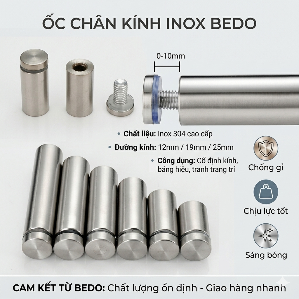 Combo 8 ốc chân kính inox BEDO chống gỉ, ốc chân gương, trụ kính cường lực, phụ kiện lắp kính nhà tắm