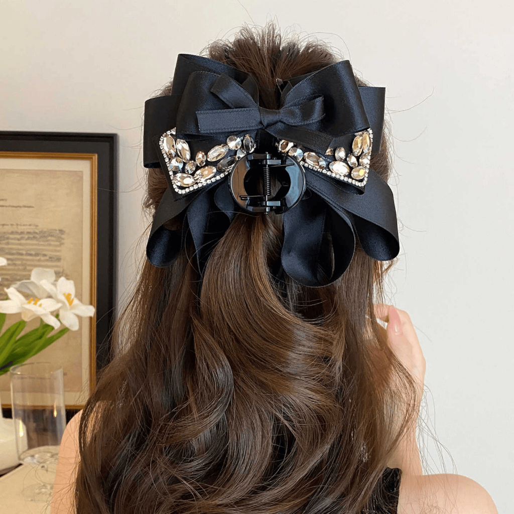 Kẹp Tóc Nơ Vải Satin Size 13cm Đính Đá Phong Cách Hàn Quốc