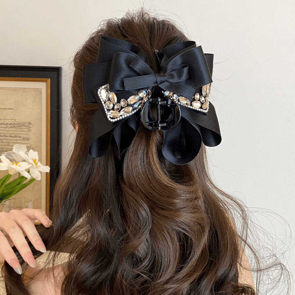 Kẹp Tóc Nơ Vải Satin Size 13cm Đính Đá Phong Cách Hàn Quốc